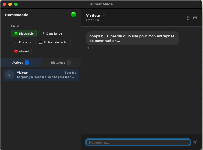 HumanMade app on macOS - menu bar with sidebar conversations and chat